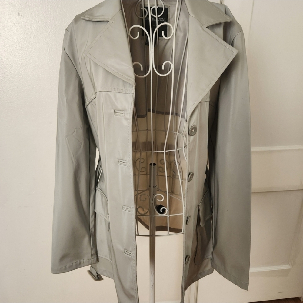 Vintage Silver Gray Tech Wear Vinyl Trench Jacket - Picture 1 of 14